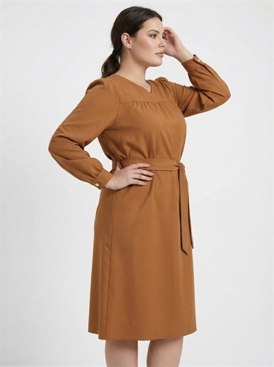 Apsen Kadın Hardal Uzun Kol Mevsimlik Midi Boy Büyük Beden Elbise 4409-110