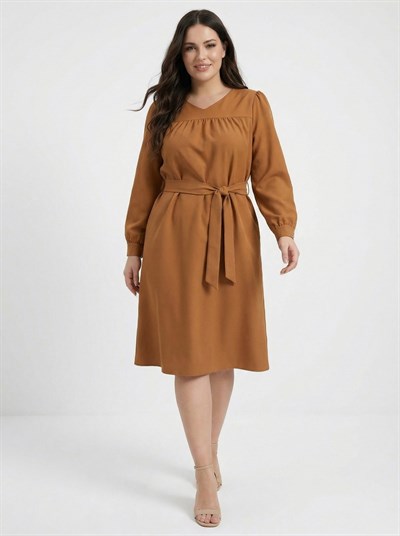 Apsen Kadın Hardal Uzun Kol Mevsimlik Midi Boy Büyük Beden Elbise 4409-110