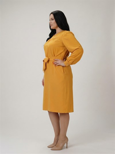 Apsen Kadın Hardal Uzun Kol Mevsimlik Midi Boy Büyük Beden Elbise 4409-110