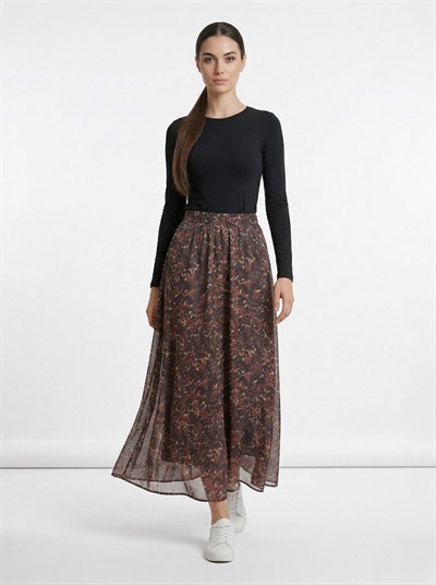 Apsen Kadın Kahverengi Çiçek Desenli Beli Lastikli Astarlı Uçuşan Şifon Maksi Etek 2204-100