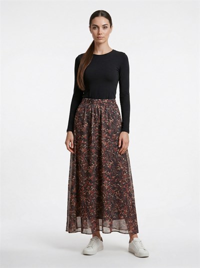 Apsen Kadın Kahverengi Leopar Desenli Beli Lastikli Dökümlü A-Kesim Astarlı  Maksi Etek 2204-90