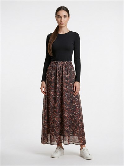 Apsen Kadın Kahverengi Leopar Desenli Beli Lastikli Dökümlü A-Kesim Astarlı  Maksi Etek 2204-90