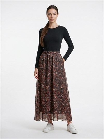 Apsen Kadın Kahverengi Leopar Desenli Beli Lastikli Dökümlü A-Kesim Astarlı  Maksi Etek 2204-90