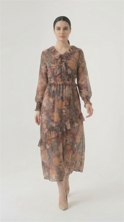 Apsen Kadın Kahverengi Çiçek Desenli Fırfır yaka Ve Etek Detaylı Tesettür Elbise 4521-135