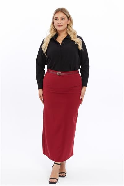 Apsen Kadın  Kemerli Bordo Büyük Beden Dokuma Kumaş Etek 1580-100