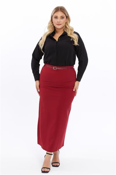Apsen Kadın  Kemerli Bordo Büyük Beden Dokuma Kumaş Etek 1580-100