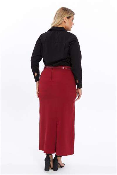 Apsen Kadın  Kemerli Bordo Büyük Beden Dokuma Kumaş Etek 1580-100