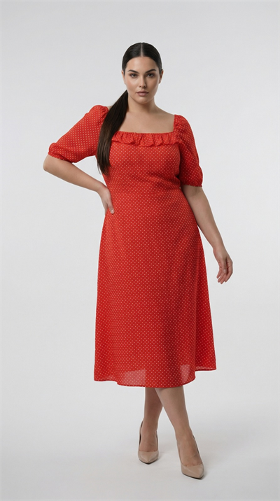 Apsen Kadın Kırmızı Puantiyeli Kare Yaka Fırfır Detaylı Balon Kol A-Kesim Midi Elbise 4523-100