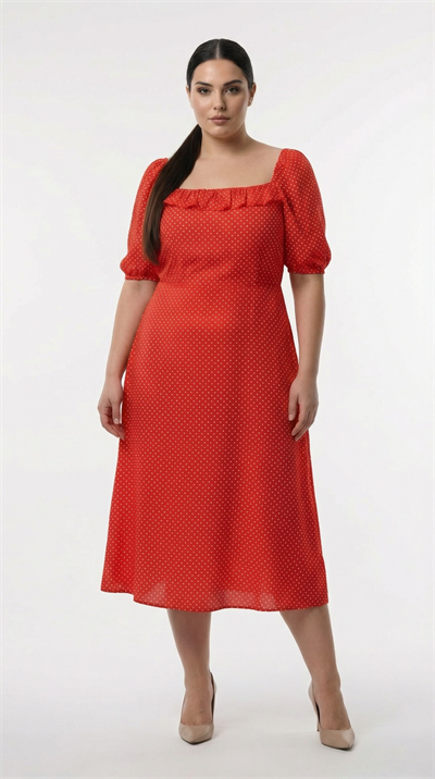 Apsen Kadın Kırmızı Puantiyeli Kare Yaka Fırfır Detaylı Balon Kol A-Kesim Midi Elbise 4523-100