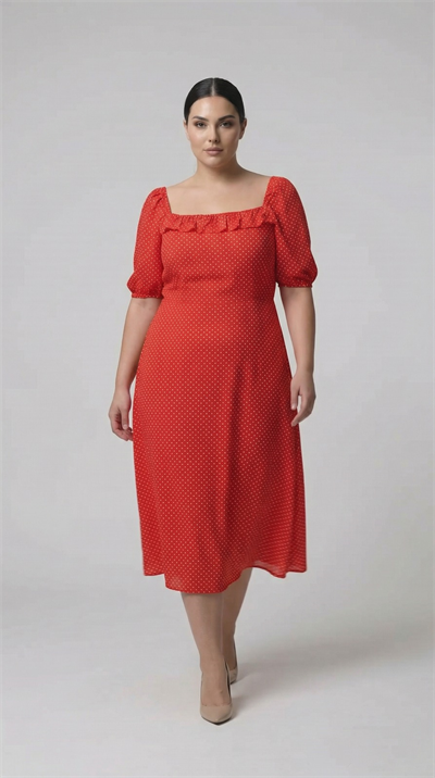 Apsen Kadın Kırmızı Puantiyeli Kare Yaka Fırfır Detaylı Balon Kol A-Kesim Midi Elbise 4523-100