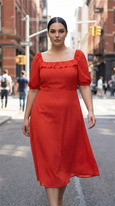 Apsen Kadın Kırmızı Puantiyeli Kare Yaka Fırfır Detaylı Balon Kol A-Kesim Midi Elbise 4523-100