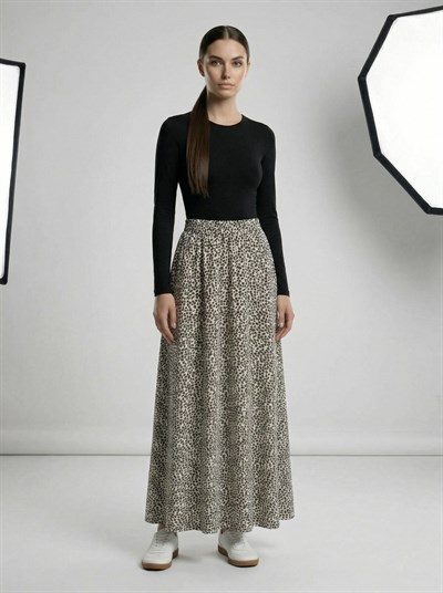 Apsen Kadın Krem Siyah Leopar Desenli Yüksek Bel Lastikli Dökümlü A-Kesim Maksi Etek 2204-90