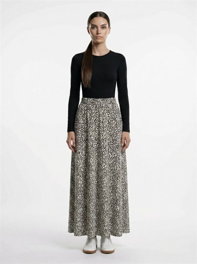 Apsen Kadın Krem Siyah Leopar Desenli Yüksek Bel Lastikli Dökümlü A-Kesim Maksi Etek 2204-90
