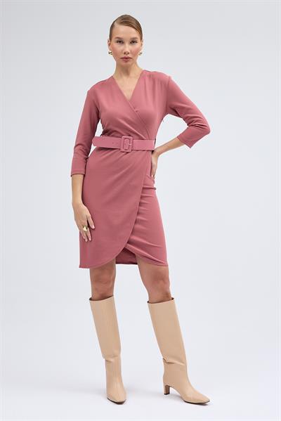 Apsen Kadın Krep Gülkurusu Kruvaze Kemerli Midi Anvelop Elbise 3753-100