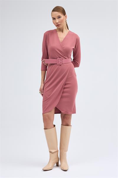 Apsen Kadın Krep Gülkurusu Kruvaze Kemerli Midi Anvelop Elbise 3753-100