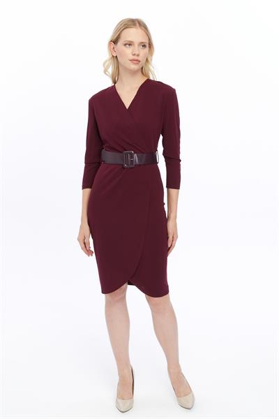 Apsen Kadın Krep Mor Kruvaze Kemerli Midi Anvelop Elbise 3753-100