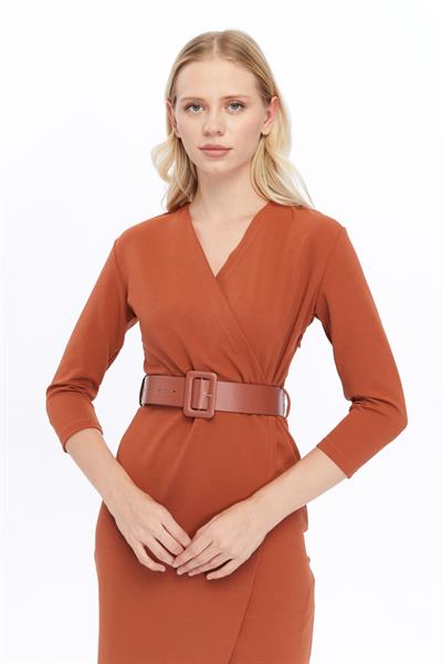 Apsen Kadın Somon Kruvaze Kemerli Midi Anvelop Elbise 3753-100