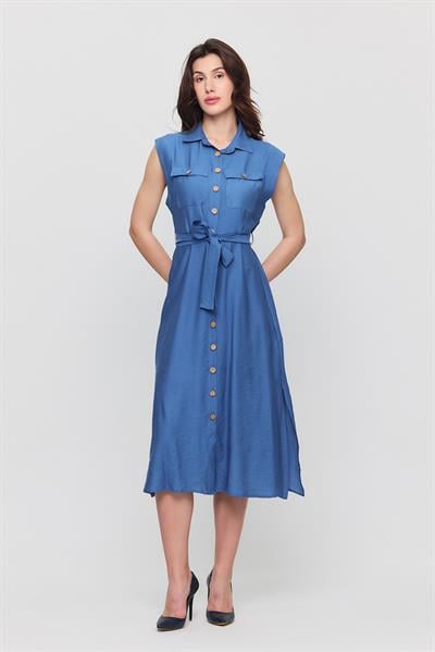Apsen Kadın Kuşaklı Cep Detaylı Düğmeli Kolsuz Aerobin Gömlek Elbise 4505/120
