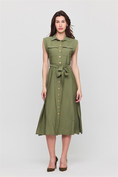 Apsen Kadın Kuşaklı Cep Detaylı Düğmeli Kolsuz Aerobin Gömlek Elbise 4505/120