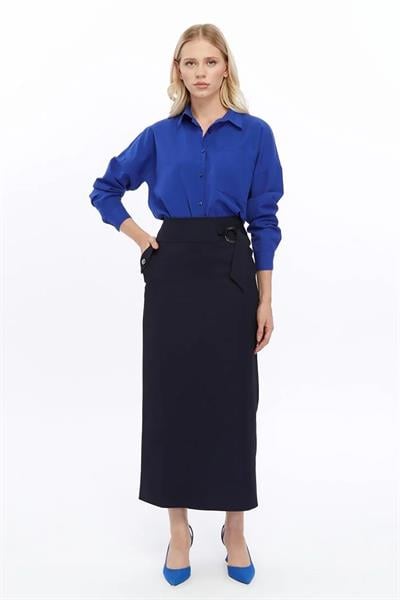Apsen Kadın  Lacivert Cep Detaylı Mevsimlik Poliviskon Kalem Uzun Etek 2107-95