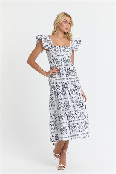 Apsen Kadın Lacivert Çiçekli A Kesim Beli Gipeli  Kolu Fırfır Detaylı Midi Dokuma Elbise 4510/105