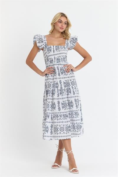 Apsen Kadın Lacivert Çiçekli A Kesim Beli Gipeli  Kolu Fırfır Detaylı Midi Dokuma Elbise 4510/105