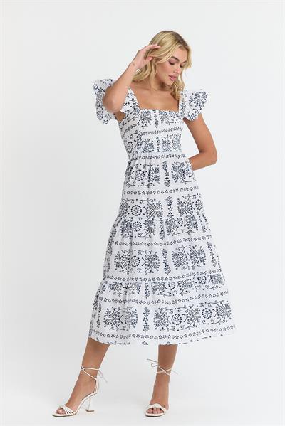 Apsen Kadın Lacivert Çiçekli A Kesim Beli Gipeli  Kolu Fırfır Detaylı Midi Dokuma Elbise 4510/105