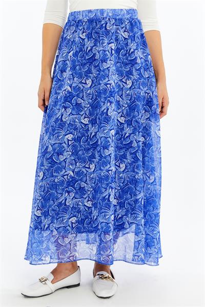 Apsen Kadın 2201/95 Mavi Çiçek Desenli Astarlı Şifon Uzun Boy Dokuma Etek