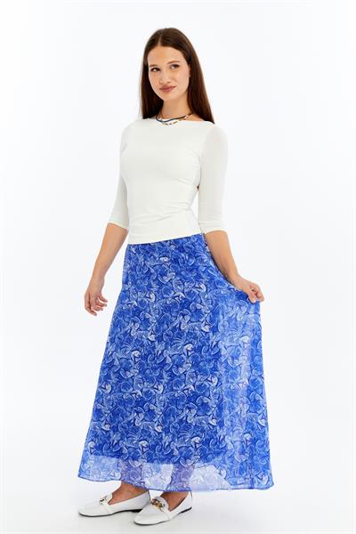 Apsen Kadın 2201/95 Mavi Çiçek Desenli Astarlı Şifon Uzun Boy Dokuma Etek