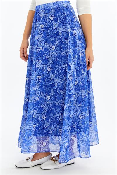 Apsen Kadın 2201/95 Mavi Çiçek Desenli Astarlı Şifon Uzun Boy Dokuma Etek