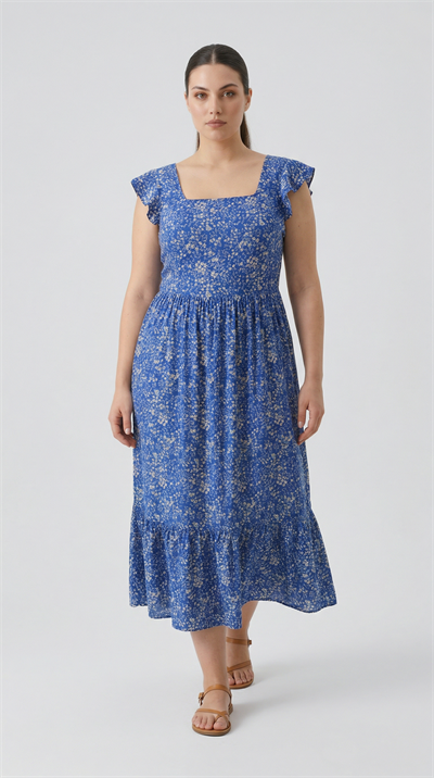 Apsen Kadın Mavi Çiçek Desenli Kare Yaka Volan Kollu Katlı Etek Midi Yazlık Elbise 4524-115