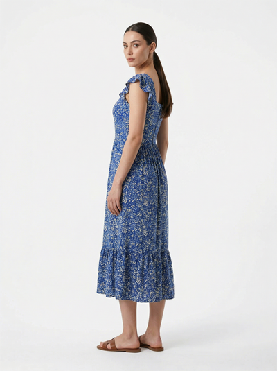 Apsen Kadın Mavi Çiçek Desenli Kare Yaka Volan Kollu Katlı Etek Midi Yazlık Elbise 4524-115
