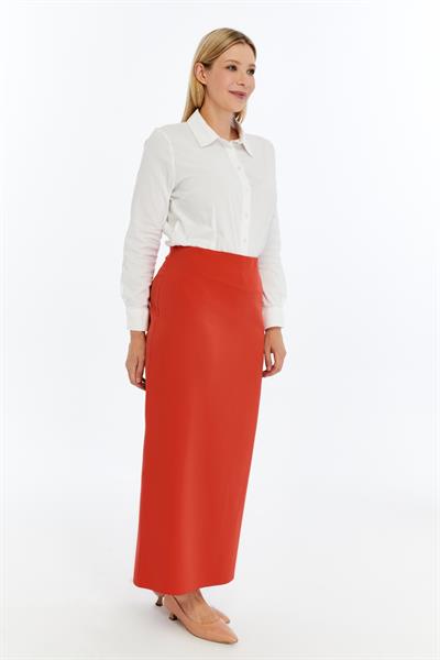 Apsen Kadın Bej Beli Lastikli Mevsimlik  Yırtmaç Detaylı Ofis Etek 1903-90