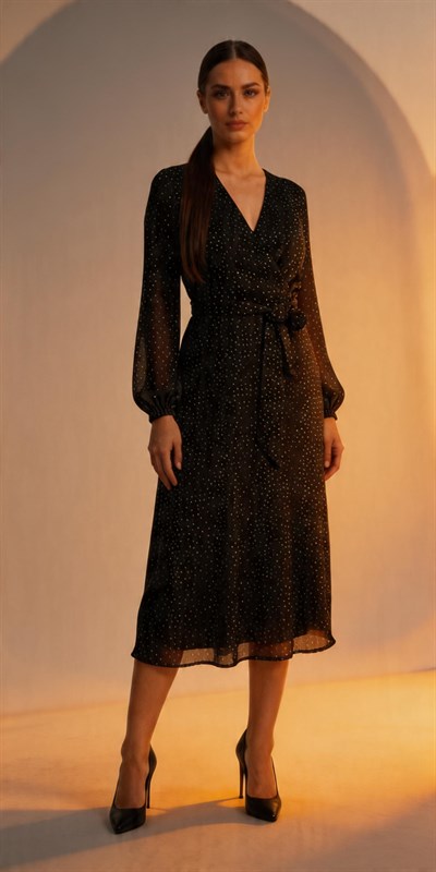 Apsen Kadın Puantiyeli Şifon Kruvaze Yaka Asimetrik Midi Elbise 4519-125