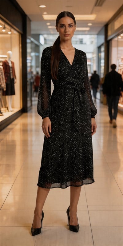 Apsen Kadın Puantiyeli Şifon Kruvaze Yaka Asimetrik Midi Elbise 4519-125