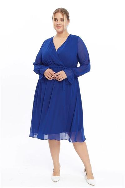 Kadın Kruvaze Yaka Kuşaklı Büyük Beden Uzun Kol Midi Boy Şifon Elbise 4450/110