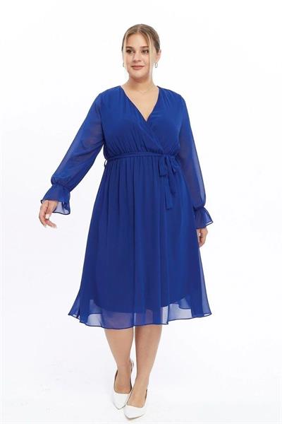 Kadın Kruvaze Yaka Kuşaklı Büyük Beden Uzun Kol Midi Boy Şifon Elbise 4450/110