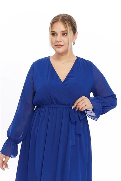 Kadın Kruvaze Yaka Kuşaklı Büyük Beden Uzun Kol Midi Boy Şifon Elbise 4450/110