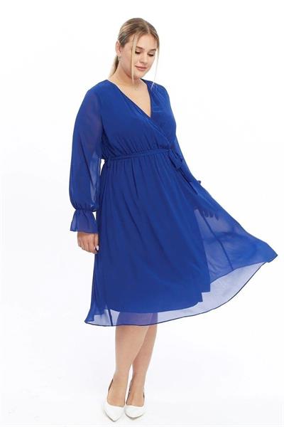 Kadın Kruvaze Yaka Kuşaklı Büyük Beden Uzun Kol Midi Boy Şifon Elbise 4450/110