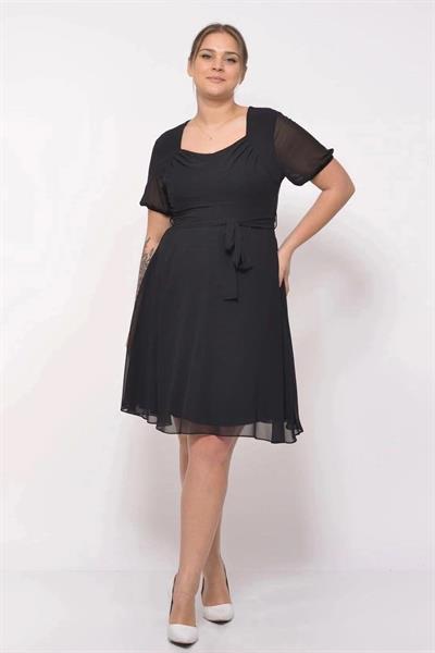 Kadın Kare Yaka Pile Detaylı Kısa Kol Midi Boy Şifon elbise 4469/105