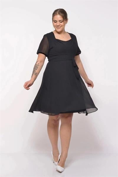 Kadın Kare Yaka Pile Detaylı Kısa Kol Midi Boy Şifon elbise 4469/105