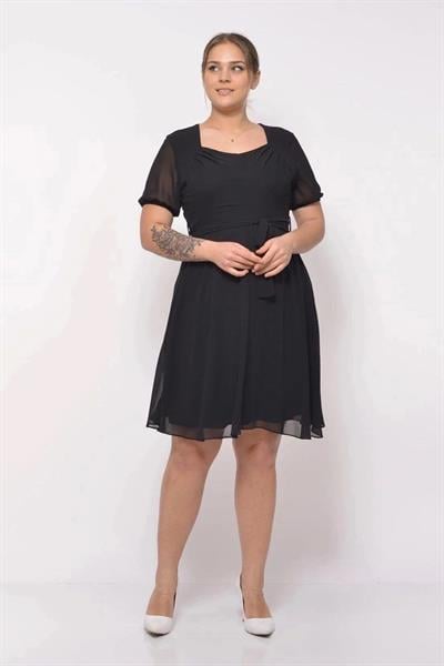 Kadın Kare Yaka Pile Detaylı Kısa Kol Midi Boy Şifon elbise 4469/105