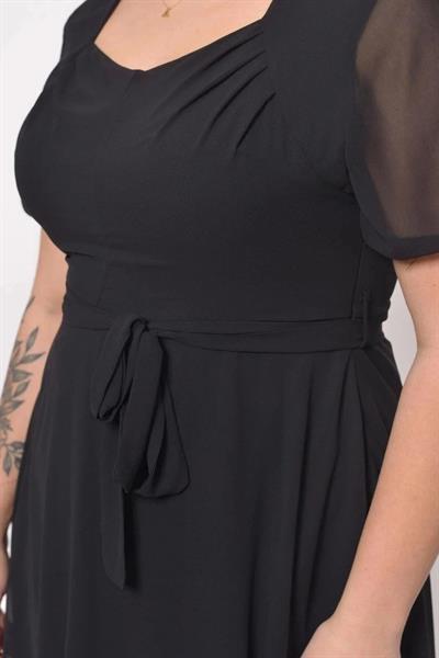 Kadın Kare Yaka Pile Detaylı Kısa Kol Midi Boy Şifon elbise 4469/105