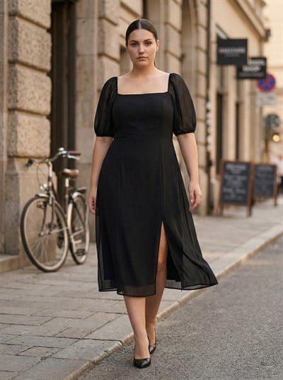 Apsen Kadın Siyah Kare Yaka Transparan Kısa Kollu Midi Elbise 4526-115