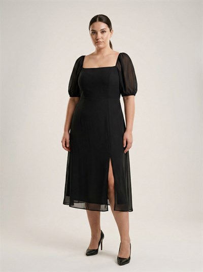 Apsen Kadın Siyah Kare Yaka Transparan Kısa Kollu Midi Elbise 4526-115