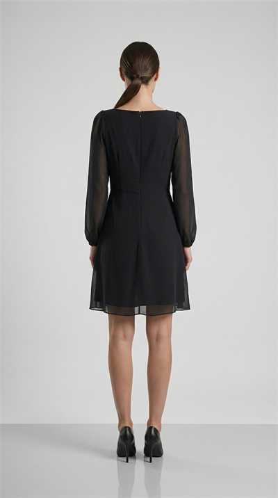 Apsen Kadın Siyah Kare Yaka Transparan Uzun Kollu Midi Elbise 