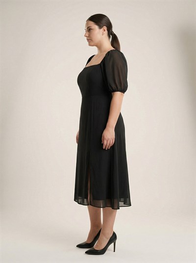 Apsen Kadın Siyah Kare Yaka Transparan Kısa Kollu Midi Elbise 4526-115