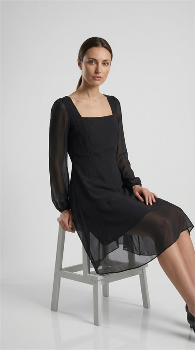 Apsen Kadın Siyah Kare Yaka Transparan Uzun Kollu Midi Elbise 