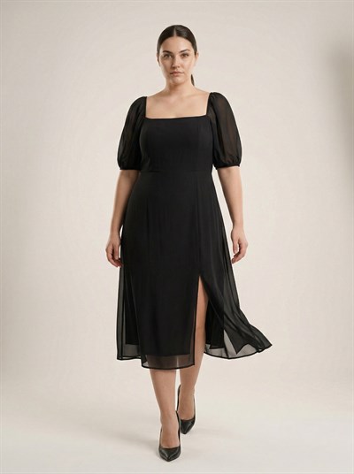 Apsen Kadın Siyah Kare Yaka Transparan Kısa Kollu Midi Elbise 4526-115