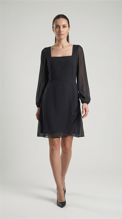 Apsen Kadın Siyah Kare Yaka Transparan Uzun Kollu Midi Elbise 